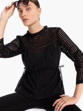 J. Crew Point Sur Eyelet Peplum Blouse  Tie-Waist Black 10 M